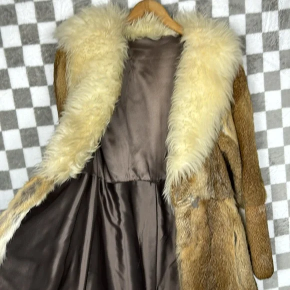Vintage Genuine rabbit fur coat big collar chunky wool trim belt S *see note! - Picture 6 of 14
